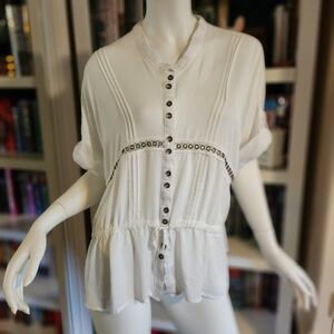 AMS Pure Button-down Relaxed Eyelet Blouse NO SIZE
